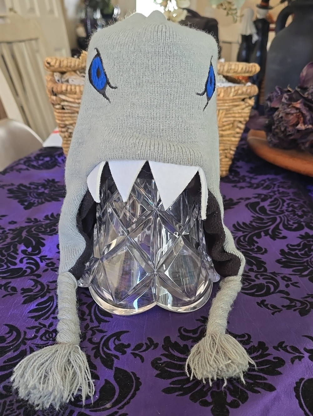 Kids Shark Beanie Hat - Gray with Blue Eyes